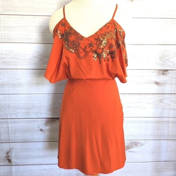 Karen Millen Embellished Flounce Silk Mini Dress in Burnt Orange Size 4 - Picture 1 of 14